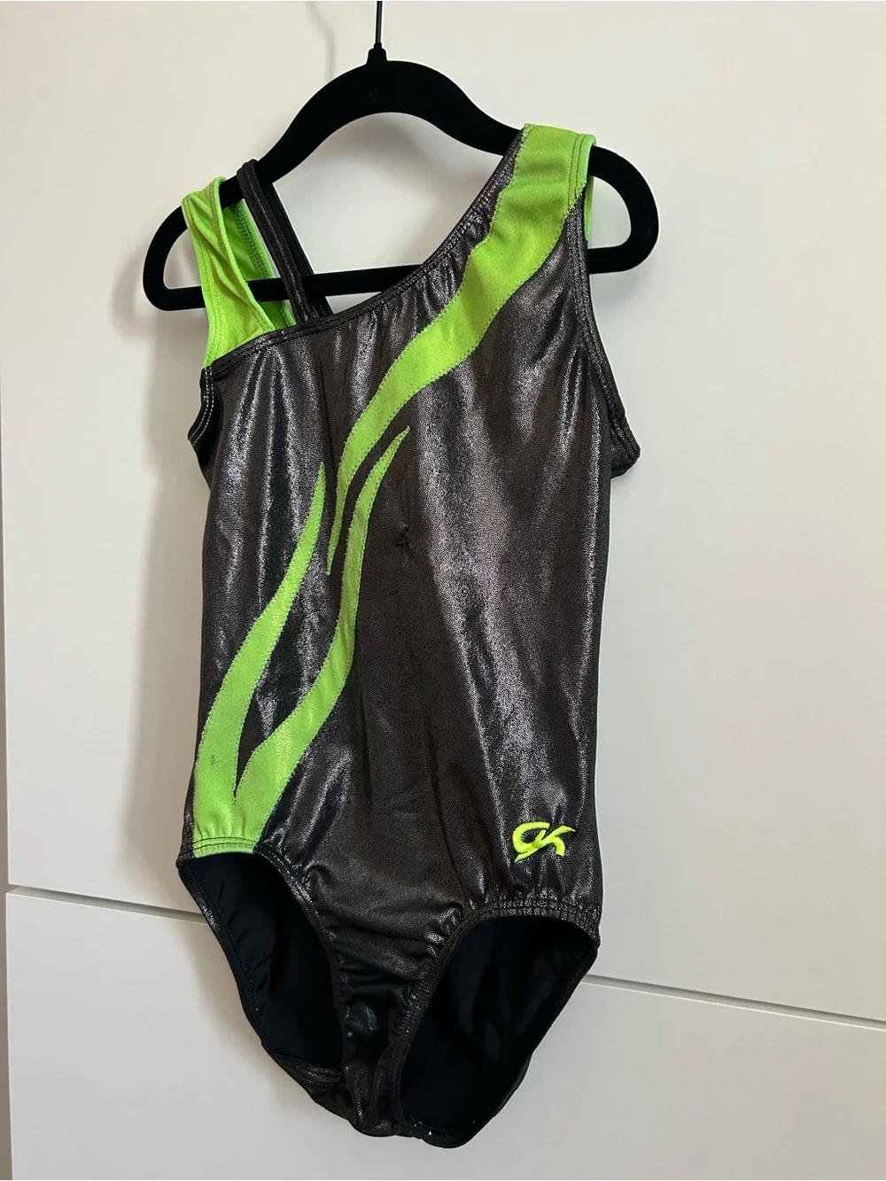GK Metallic Black Gymnastics Leotard with Green Accents - Child’s Large
